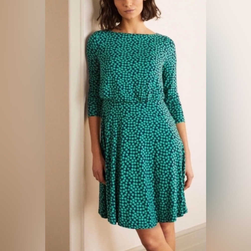 BODEN Nellie BlousonJersey Dress in a green and blue bubble dot print sz 8